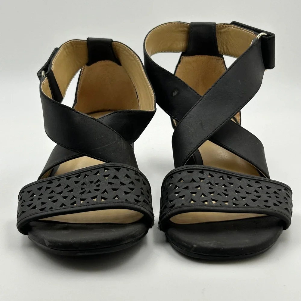 Naturalizer Adaline 2 Sandals Women 7M Black Laser Cut Block Heel Strappy Chic